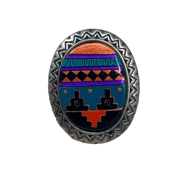 Vintage Southwestern Style Hand painted Button Covers - 1980s  Silver tone - Picture 2 of 11